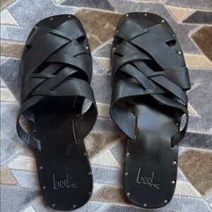 beek Black Braided Leather Slide Sandals with Stud Trim